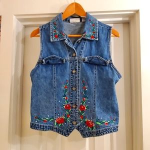 Bill Blass Denim Embroided Flower Detailed Top Vest with Roses Size Medi…